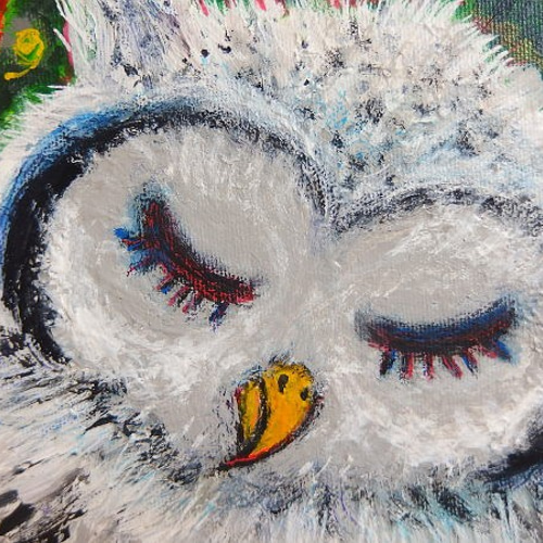 原画 「フクロウときいろい花(アフリカオオコノハズクの子)」F3