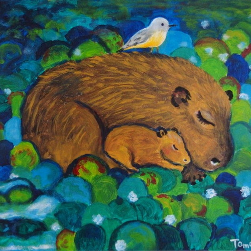 原画「水辺のカピバラ親子」 F6号 ＃カピバラの絵＃小鳥の絵