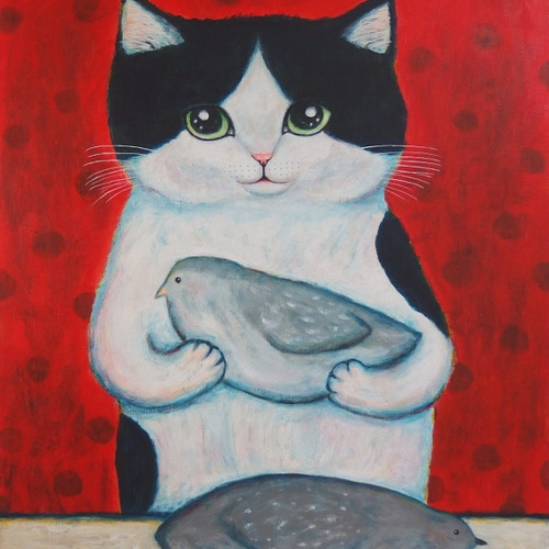 原画 「かわいい小鳥を抱いた猫」 F20号 ＃大きい絵＃ねこ＃猫の