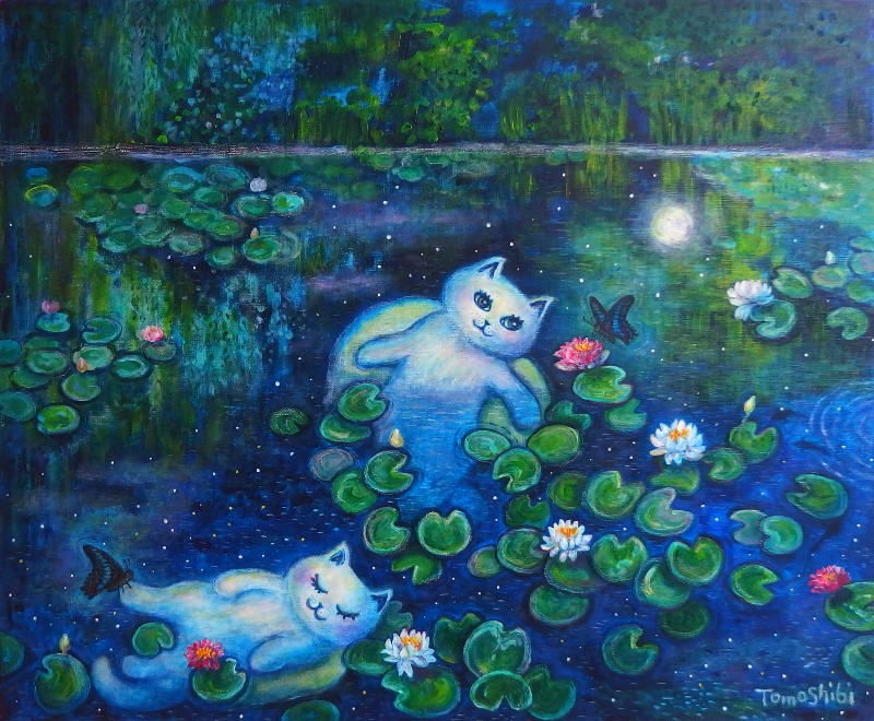 絵画。原画【かわいい白い猫が夜に梯子を登って光る星を集める】 絵画。原画【かわいい白い猫が夜に梯子を登って光る星を集める
