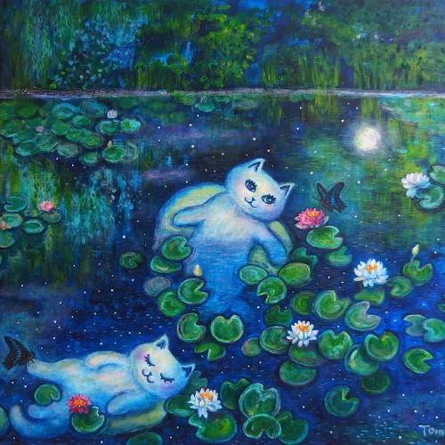原画 「星降る睡蓮の池の天使猫」 F12号 ＃絵画 ＃通販 ＃猫の絵