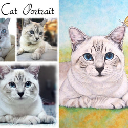 猫のメルヘン似顔絵【モデル掲載OKの方】【キャンセルOK】猫肖像画（額付 / ホワイト）A4 スタンド付 1枚目の画像
