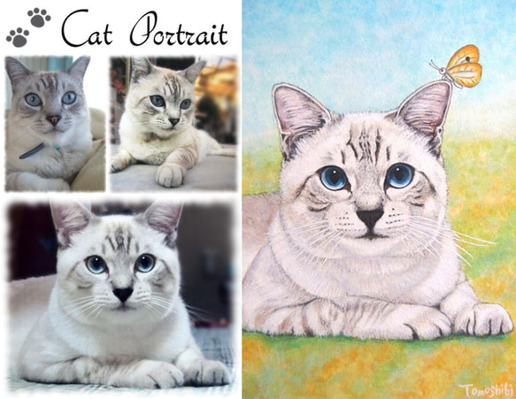 猫のメルヘン似顔絵【モデル掲載OKの方】【キャンセルOK】猫肖像画（額付 / ホワイト）A4 スタンド付 1枚目の画像