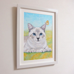 猫のメルヘン似顔絵【モデル掲載OKの方】【キャンセルOK】猫肖像画（額付 / ホワイト）A4 スタンド付 4枚目の画像