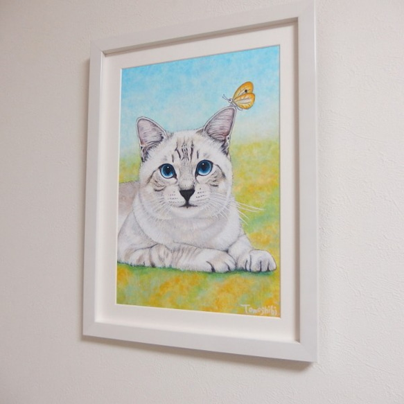 猫のメルヘン似顔絵【モデル掲載OKの方】【キャンセルOK】猫肖像画（額付 / ホワイト）A4 スタンド付 8枚目の画像