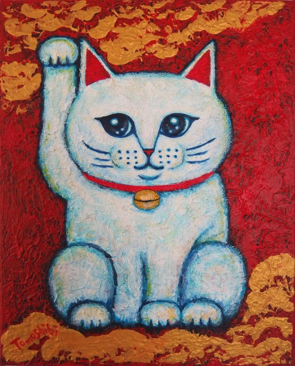 原画 「金色の雲に乗る招き猫02」F3号 ＃招き猫の絵＃右手上げ