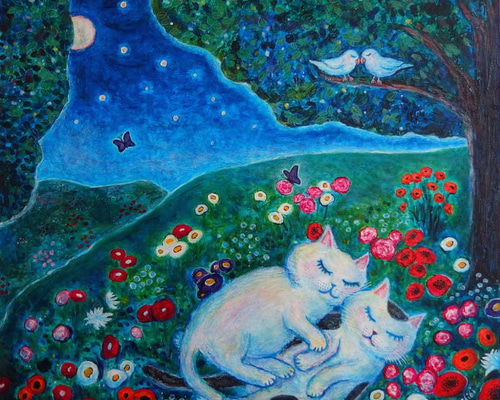 ラグドール イン 花畑」 猫、絵画 絵画