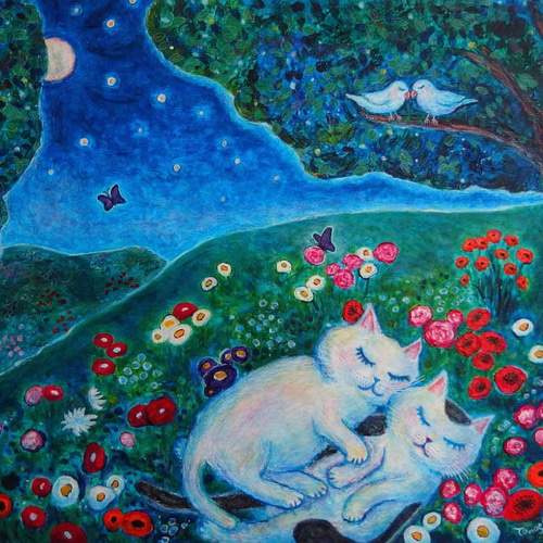 原画 「お花畑でおやすみにゃん」 F10号 ＃絵画 ＃ねこ ＃猫の絵