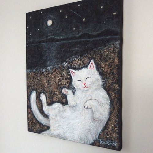 絵画。原画【かわいい猫が追随者の月と花の海を旅する】 日本最大級 絵画。原画【かわいい猫が追随者の月と花の海を旅