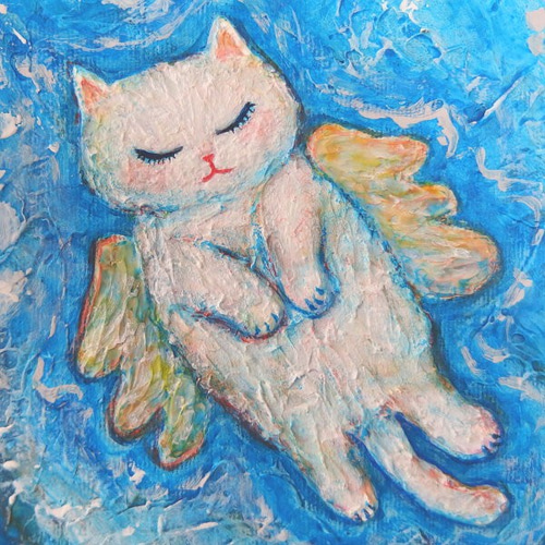 原画 「生まれ変わりのときを待つ」 F8号 ＃猫の絵＃天使猫の絵