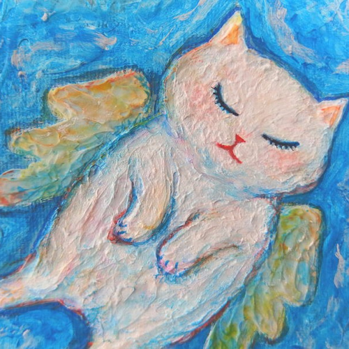 あなたに幸せ呼ぶ光の天使猫 原画 「生まれ変わりのときを待つ」 F8号 ＃猫の絵＃天使猫の絵