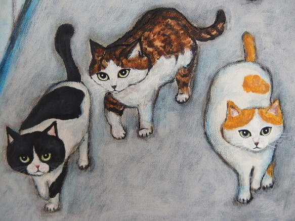 原画 「猫たちがやってくる町で」 F10号 ＃絵画 ＃ねこ ＃猫の絵 ＃三毛猫 ＃キジ白猫 ＃サバ白猫 ＃白黒猫＃茶白猫 4枚目の画像