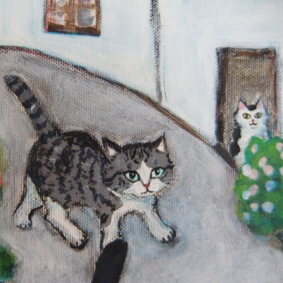 原画 「猫たちがやってくる町で」 F10号 ＃絵画 ＃ねこ ＃猫の絵 ＃三毛猫 ＃キジ白猫 ＃サバ白猫 ＃白黒猫＃茶白猫 6枚目の画像