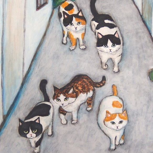 原画 「猫たちがやってくる町で」 F10号 ＃絵画 ＃ねこ ＃猫の絵 ＃三毛猫 ＃キジ白猫 ＃サバ白猫 ＃白黒猫＃茶白猫 7枚目の画像