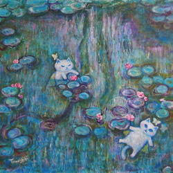 絵画。原画【神秘的な花の基地で、猫ちゃんたちは月を持って未来を楽しみにしている】 絵画。原画【神秘的な花の基地で、猫ちゃんたちは月を持って未来