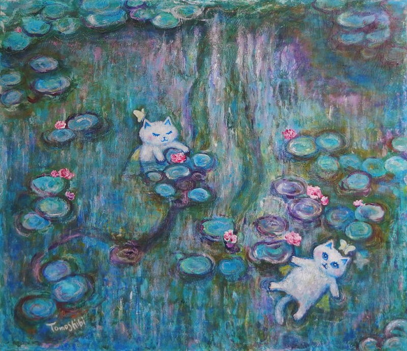 絵画。原画【神秘的な花の基地で、猫ちゃんたちは月を持って未来を楽しみにしている】 I reconstructed the kitten's face as a falcon trying to fly