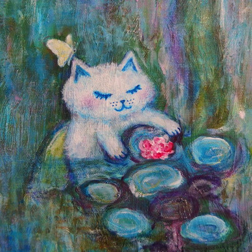 絵画 。原画☆【猫たちは落ちた星を花束に集め、楽しく一緒に遊んでいる】 0_e4b6706e39765bd3a05f56a13300