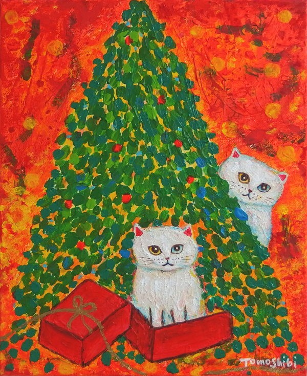 原画 「白猫ひょっこりクリスマス」F3号 ＃ねこ＃オッドアイ