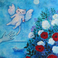 絵画。原画【かわいい白い猫が夜に梯子を登って光る星を集める】 原画 「星降る睡蓮の池の天使猫」 F12号 ＃絵画 ＃通販 ＃猫の絵