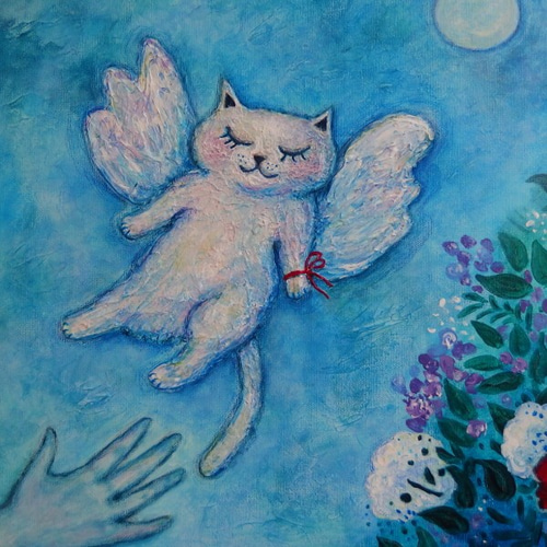 あなたに幸せ呼ぶ光の天使猫 原画 「天使猫の帰る夜に」 F10号 ＃絵画 ＃ねこ ＃天使猫