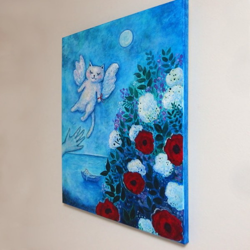 あなたに幸せ呼ぶ光の天使猫 原画 「天使猫の帰る夜に」 F10号 ＃絵画 ＃ねこ ＃天使猫