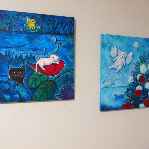 絵画。原画【かわいい白い猫が夜に梯子を登って光る星を集める】 d323673f84024082c6d71d6d5c6436