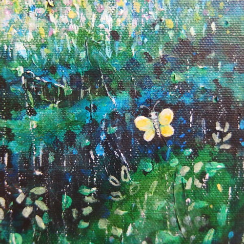 けい様用　自作絵画　蝶の舞う花畑　茶トラ猫の絵　星をつかまえて