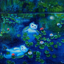絵画 。原画☆【猫たちは落ちた星を花束に集め、楽しく一緒に遊んでいる】 絵画 。原画☆【猫たちは落ちた星を花束に集め、楽しく一緒に