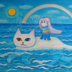 原画 「大海をゆく虹色アマビエと大白猫」 F10号 ＃虹色アマビエ ＃アマビエ ＃絵画 #Amabie ＃art ＃ねこ 1枚目の画像