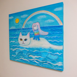 原画 「大海をゆく虹色アマビエと大白猫」 F10号 ＃虹色アマビエ ＃アマビエ ＃絵画 #Amabie ＃art ＃ねこ 5枚目の画像