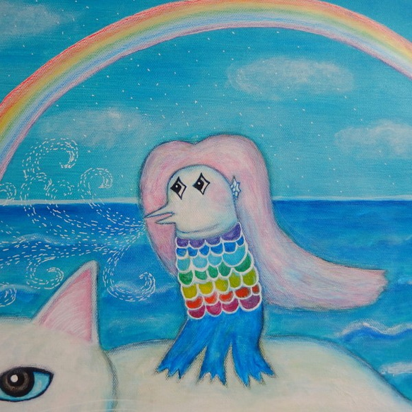 原画 「大海をゆく虹色アマビエと大白猫」 F10号 ＃虹色アマビエ ＃アマビエ ＃絵画 #Amabie ＃art ＃ねこ 7枚目の画像