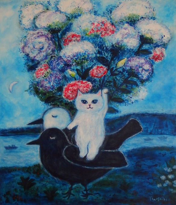 原画 「ヨゲンノトリに乗る招き猫と希望の花束（シャガールへのオマージュ）」 F10号 ＃絵画 ＃ねこ ＃ヨゲンノトリ 1枚目の画像