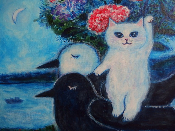 原画 「ヨゲンノトリに乗る招き猫と希望の花束（シャガールへのオマージュ）」 F10号 ＃絵画 ＃ねこ ＃ヨゲンノトリ 2枚目の画像
