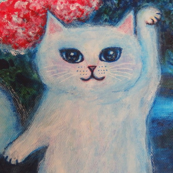 原画 「ヨゲンノトリに乗る招き猫と希望の花束（シャガールへのオマージュ）」 F10号 ＃絵画 ＃ねこ ＃ヨゲンノトリ 6枚目の画像