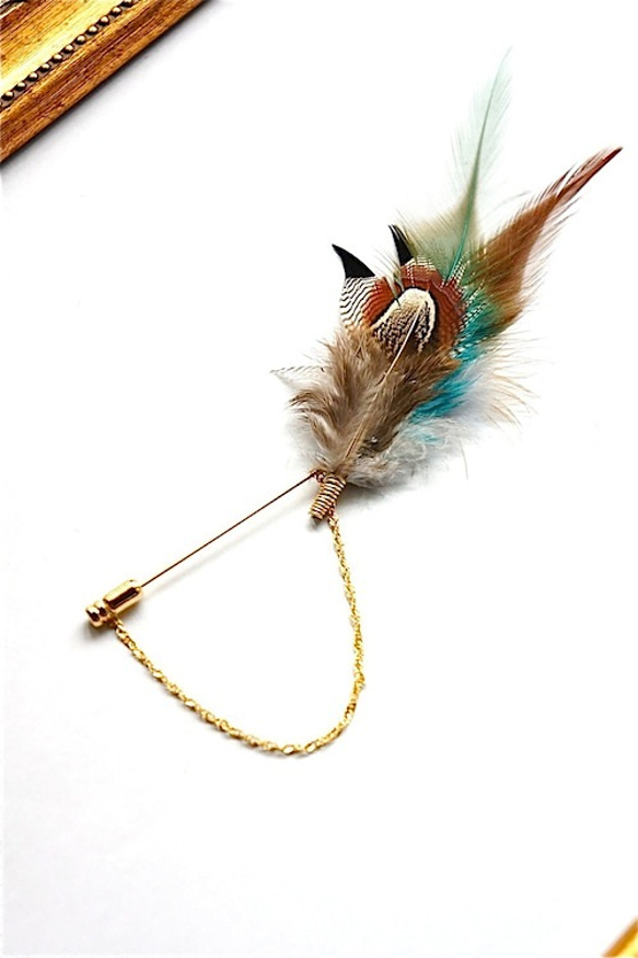 brown×blue×white feather hatpin【受注生産】 1枚目の画像