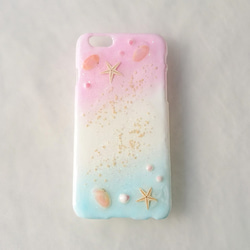 〜海の贈り物〜 ヒトデと２つの貝殻が可愛い スマホケース＊pink&blue〈 iPhone〉 1枚目の画像