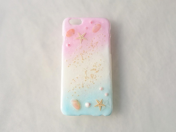 〜海の贈り物〜 ヒトデと２つの貝殻が可愛い スマホケース＊pink&blue〈 iPhone〉 1枚目の画像