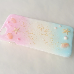 〜海の贈り物〜 ヒトデと２つの貝殻が可愛い スマホケース＊pink&blue〈 iPhone〉 2枚目の画像