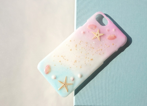 〜海の贈り物〜 ヒトデと２つの貝殻が可愛い スマホケース＊pink&blue〈 iPhone〉 4枚目の画像