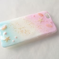 〜海の贈り物〜 ヒトデと２つの貝殻が可愛い スマホケース＊pink&blue〈 iPhone〉 3枚目の画像