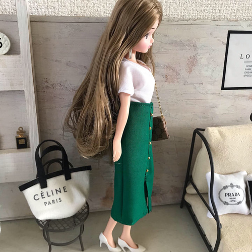 リカちゃん服 ドール服 グリーンミモレ丈スカート リアルクローズ