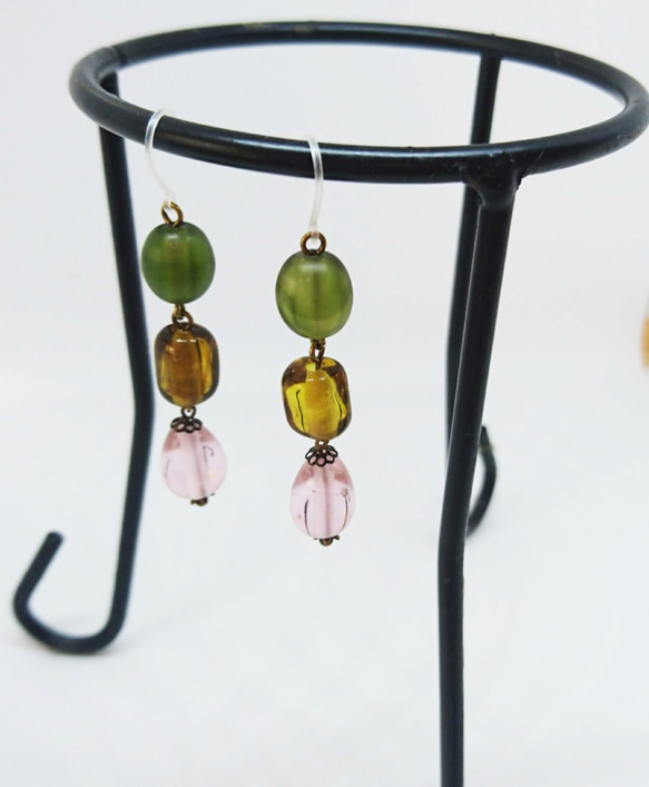 CandyEarrings seaglass green,brown&pink 1枚目の画像