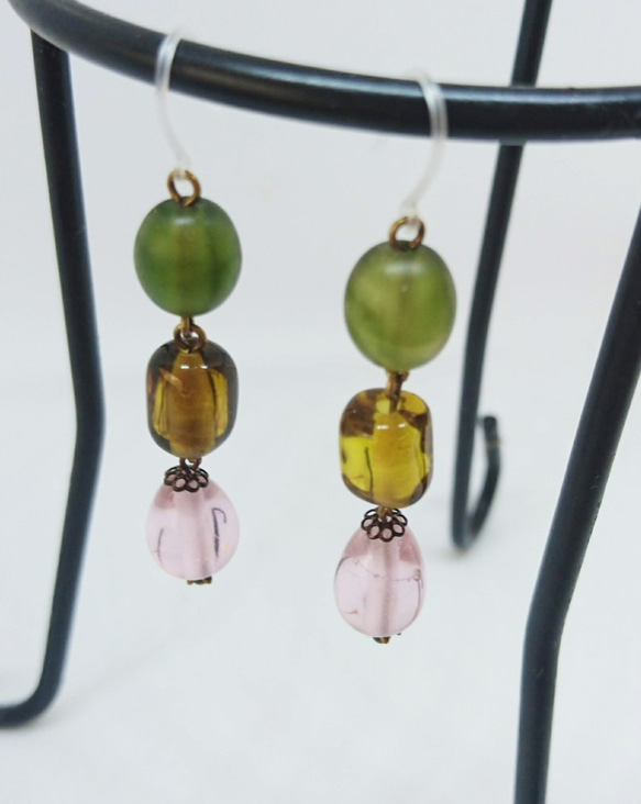 CandyEarrings seaglass green,brown&pink 2枚目の画像