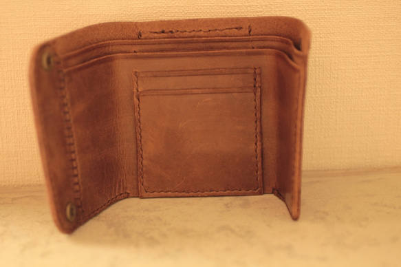 三つ折り財布 ブラウン 手縫い　送料無料 8枚目の画像