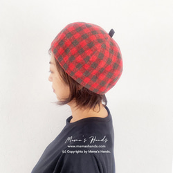 時尚紅色 x 卡其色格子紗羊毛 100% 南瓜貝雷帽 第4張的照片