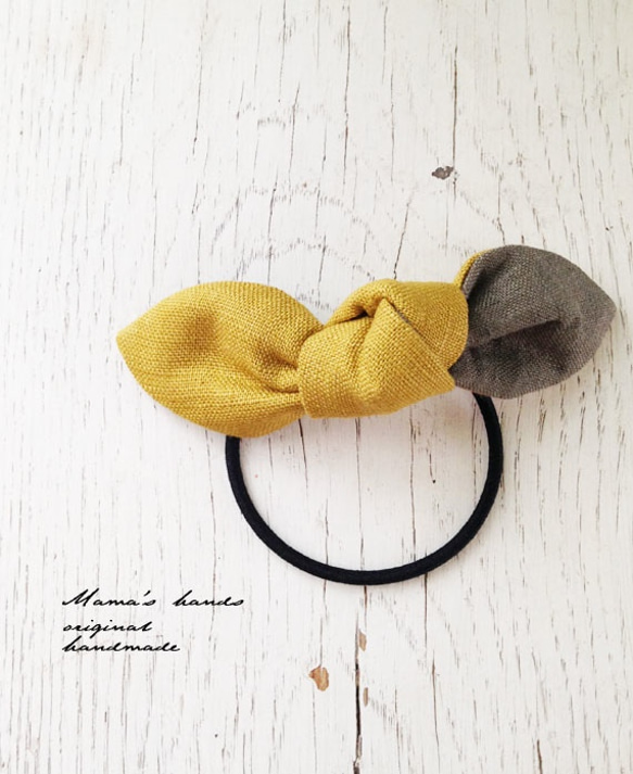 主推商品⭐️非常受歡迎，已售出284件《亞麻雙色》卡其色 x 芥末黃絲帶髮圈 第2張的照片