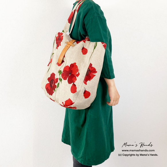 售罄 [已發布作品] 大號法國亞麻紅色花卉圖案北歐天然皮革包♪ 第1張的照片