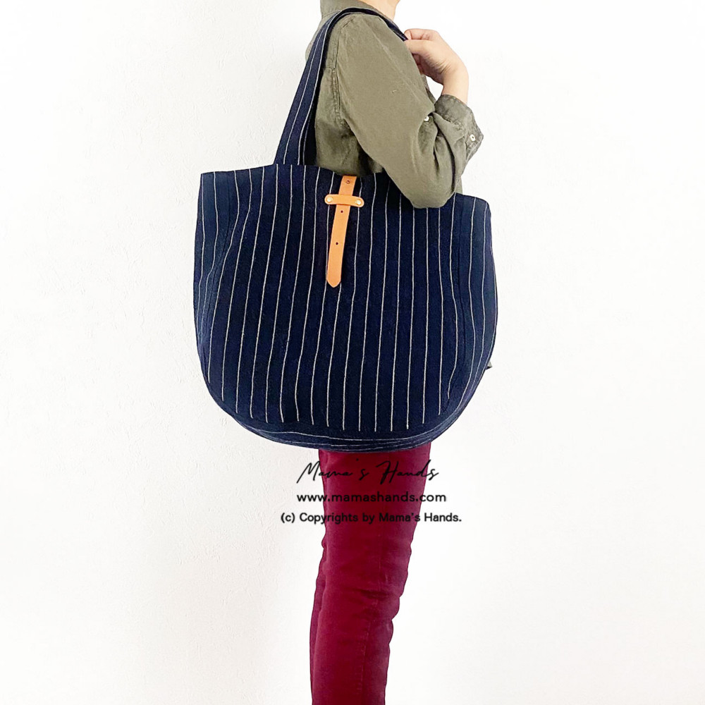 [掲載作品] ⭐️3点売れました⭐️ 大きい リネン ストライプ ネイビー ブラック ナチュラル 革 トートバック♪