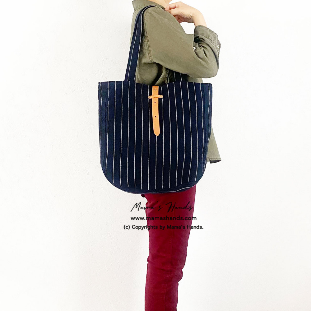 (掲載作品) ⭐️5点売れました⭐️リネン ストライプ ネイビー ブラック ナチュラル ヌメ革 (中) トートバック