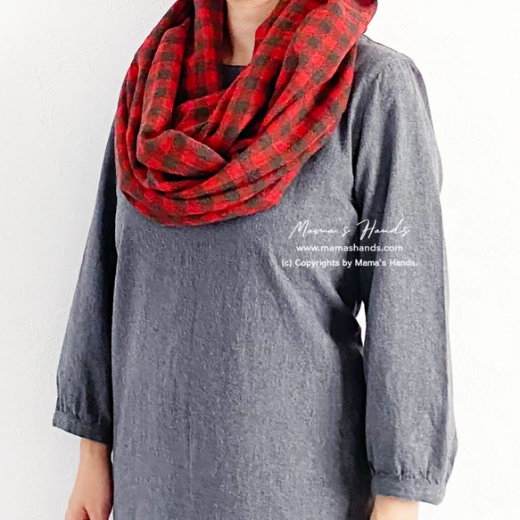 時尚紗布羊毛紅色 x 卡其色格子優質秋冬圍巾♪ 第6張的照片